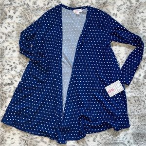 Lularoe Carolina blue with white heart open front cardigan BNWT